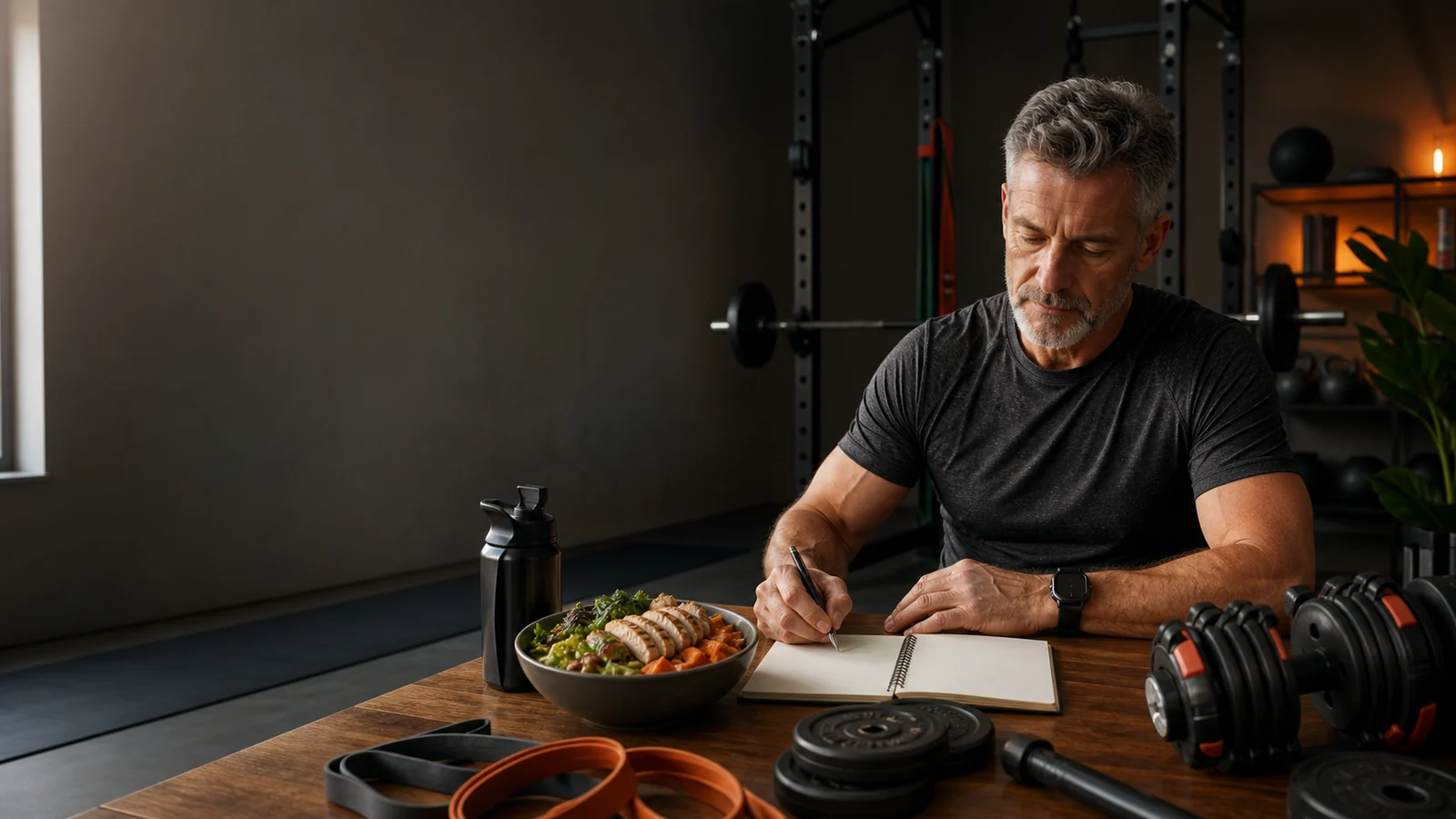 Free Fitness Tools for Men | Calculators, Planners & Checklists 2 Active man planning training, nutrition and recovery in a modern home gym