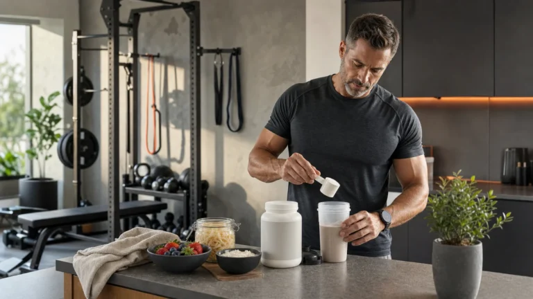 Probiotics for fitness with gut health foods, protein shake, and home gym setup