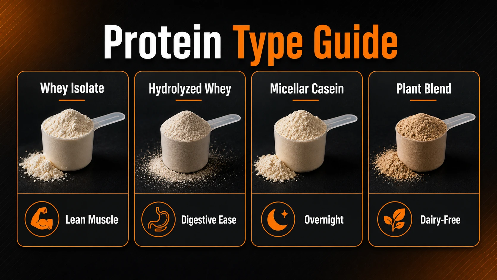 Best Protein Powders for Men | 2026 Performance Guide 3 Protein Type Guide infographic comparing whey isolate, hydrolyzed whey, micellar casein and plant blend
