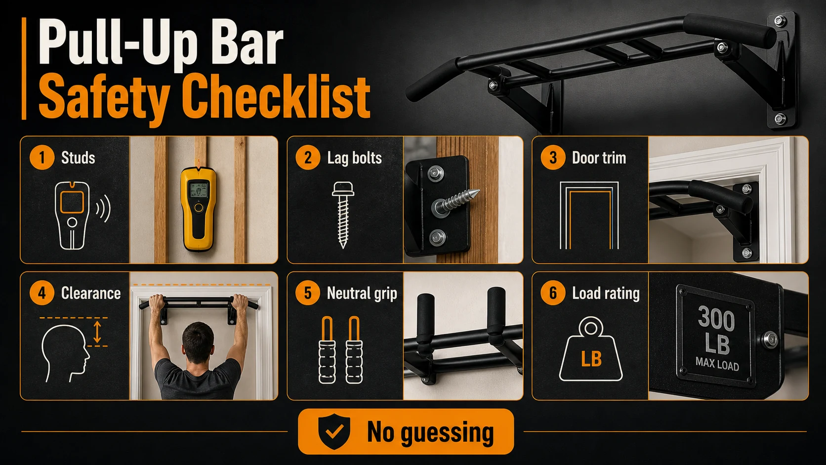Pull-up bar safety checklist for studs lag bolts door trim clearance neutral grip and load rating