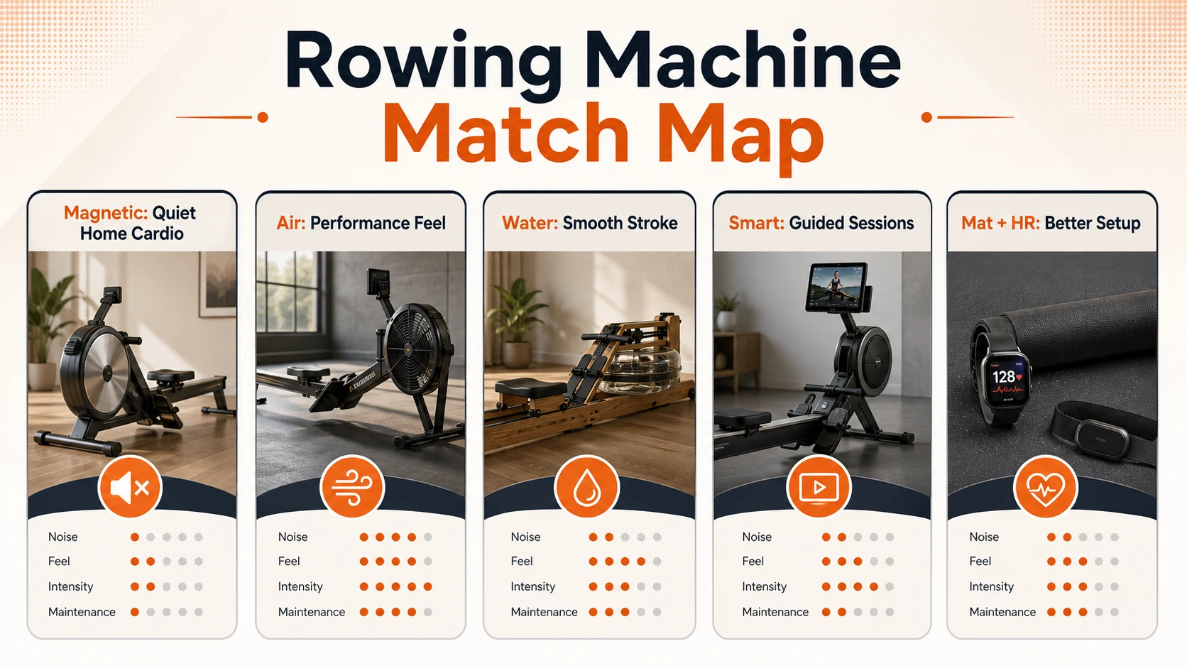 Rowing Machines for Men | Full-Body Home Cardio Buying Guide 3 Rowing machine match map comparing magnetic, air, water, smart and setup options