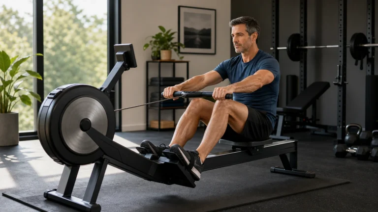 Rowing Machines for Men | Full-Body Home Cardio Buying Guide 8 Man using a rowing machine in a modern home gym