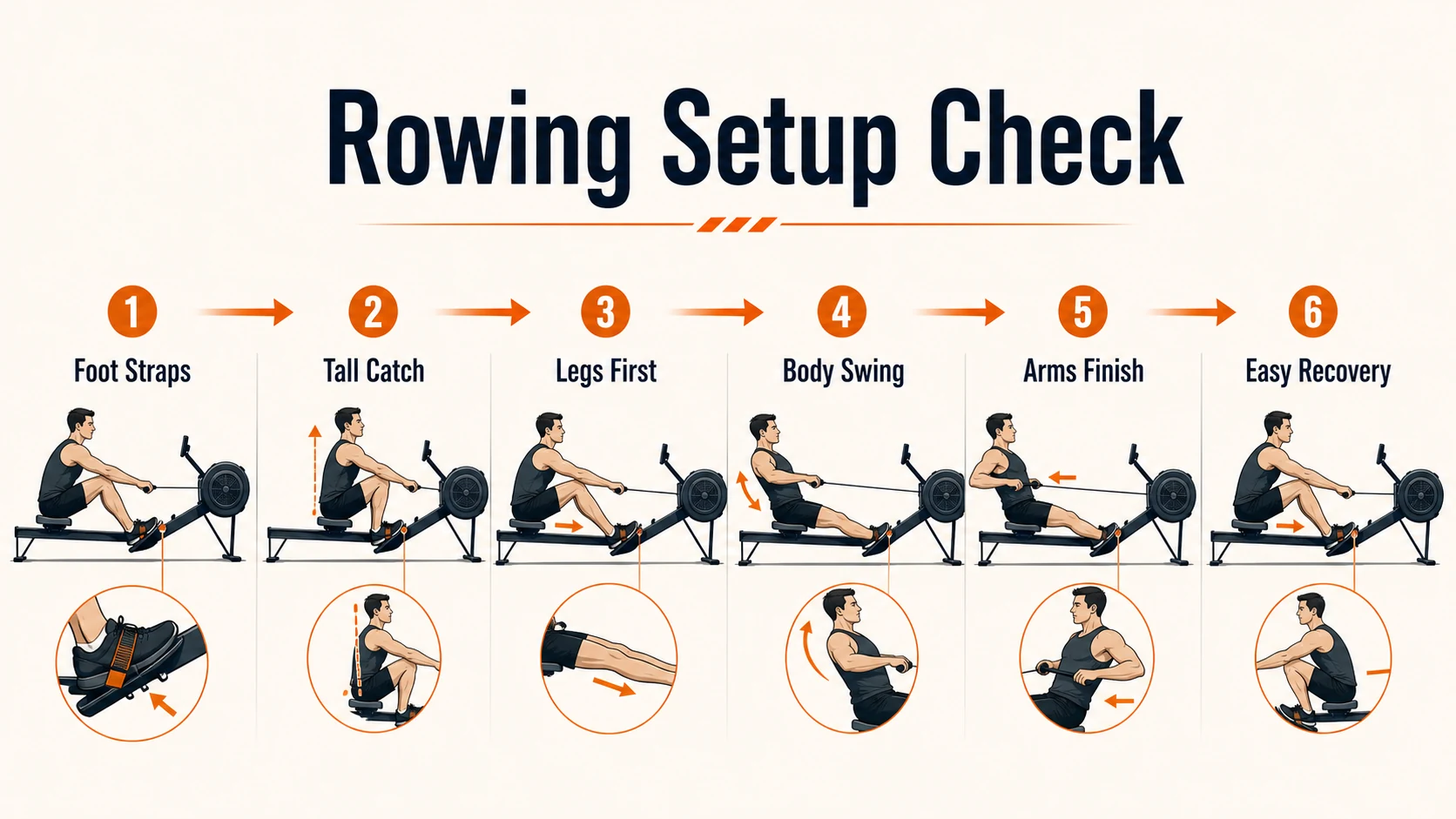 Rowing Machines for Men | Full-Body Home Cardio Buying Guide 9 Rowing setup check showing foot straps, catch, drive and recovery sequence