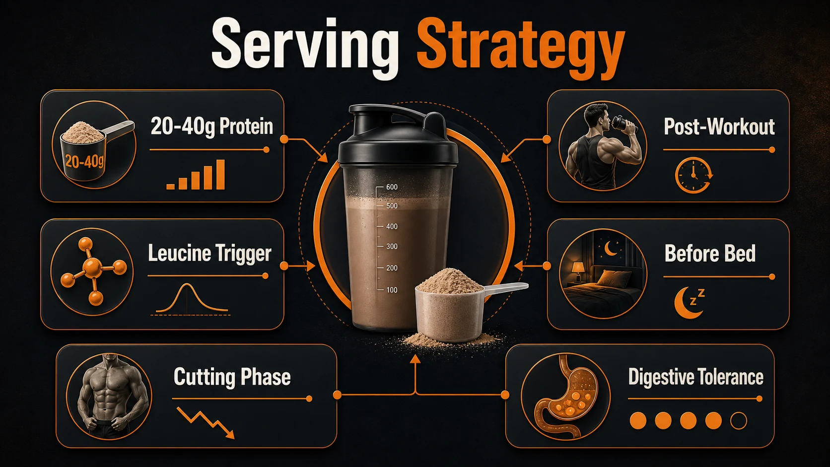 Best Protein Powders for Men | 2026 Performance Guide 7 Serving Strategy infographic for 20 to 40 grams protein, leucine trigger, post-workout, before bed and digestive tolerance