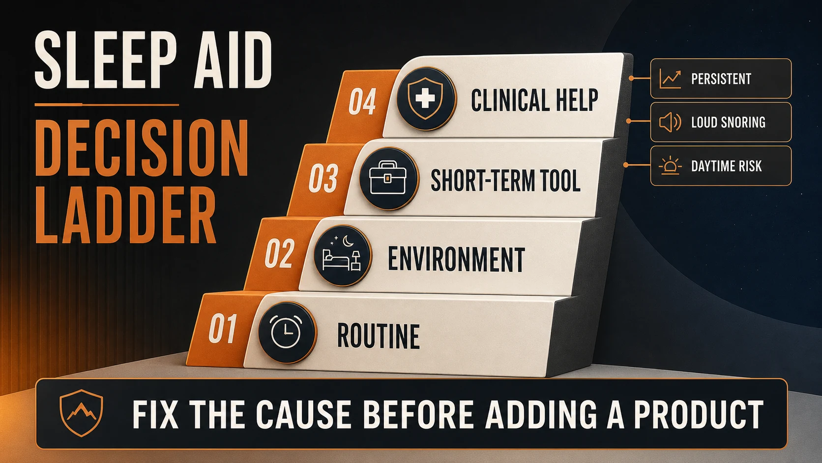 Sleep Aids | What Helps, What Is Risky, and What Men Should Fix First 3 Sleep aid decision ladder showing routine, environment, short-term tools and when to seek clinical help
