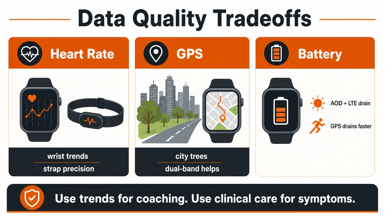 Smartwatches for Men | How to Choose the Right Fitness Wearable 8 Infographic explaining heart rate, GPS, and battery tradeoffs for fitness smartwatches