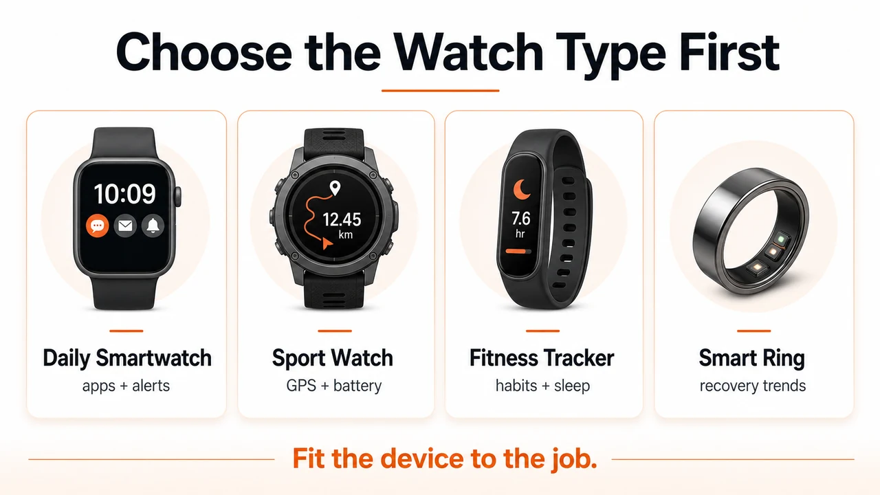 Smartwatches for Men | How to Choose the Right Fitness Wearable 3 Infographic comparing daily smartwatches, sport watches, fitness trackers, and smart rings for men