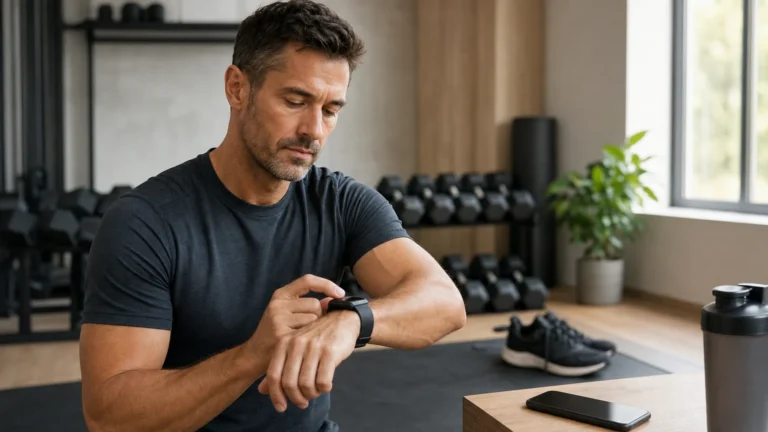 Smartwatches for Men | How to Choose the Right Fitness Wearable 10 Man adjusting a smartwatch before a workout in a home gym
