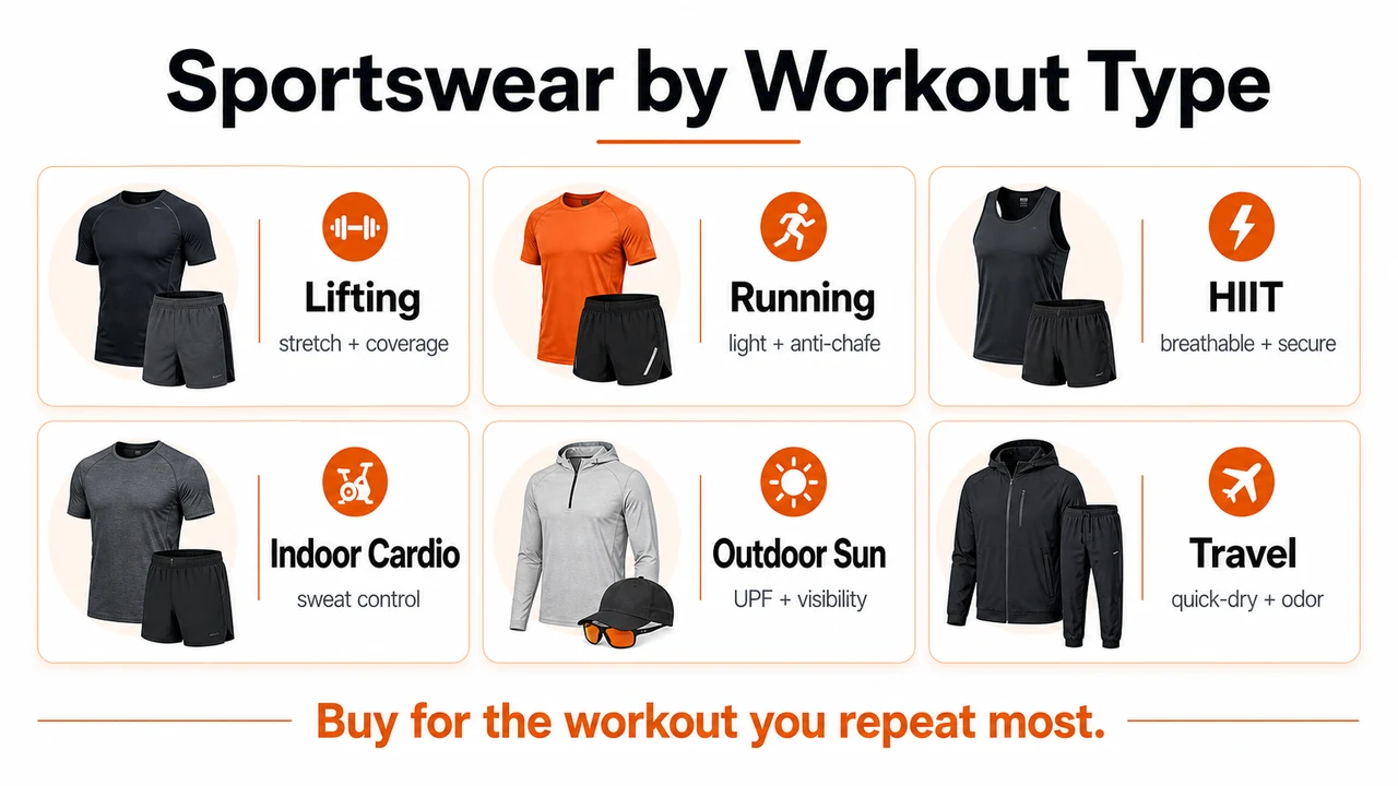 Sportswear for Men | What to Buy for Training 3 Infographic showing sportswear choices for lifting, running, HIIT, indoor cardio, outdoor sun, and travel workouts