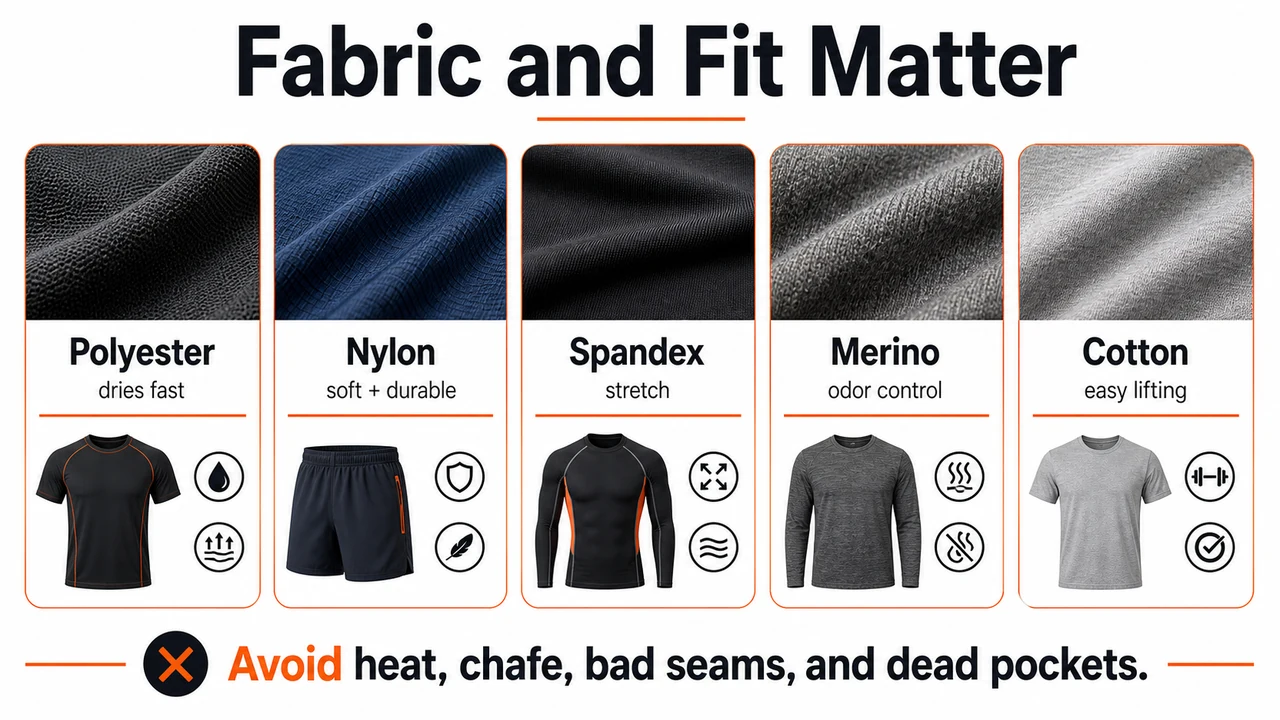 Sportswear for Men | What to Buy for Training 9 Infographic comparing polyester, nylon, spandex, merino, and cotton for workout clothes