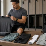 Man choosing training shirt, shorts, socks, and outdoor layer before a workout