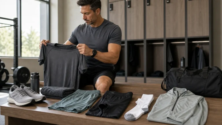 Sportswear for Men | What to Buy for Training 10 Man choosing training shirt, shorts, socks, and outdoor layer before a workout