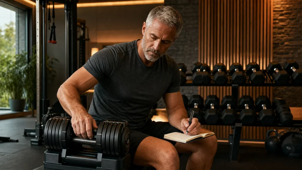 Man over 50 adjusting a dumbbell and recording strength training progress