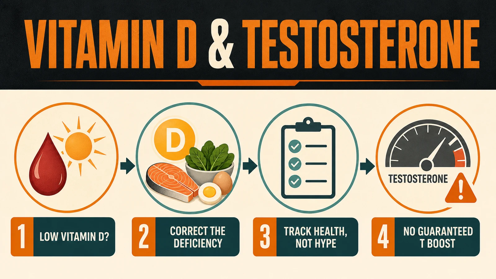 Does Vitamin D Increase Testosterone? What the Evidence Shows 3 Vitamin D and testosterone decision path from checking low vitamin D to avoiding guaranteed boost claims
