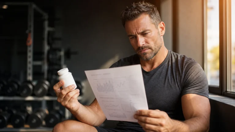 Does Vitamin D Increase Testosterone? What the Evidence Shows 1 Fit man reviewing a vitamin D supplement and laboratory results in a sunlit gym