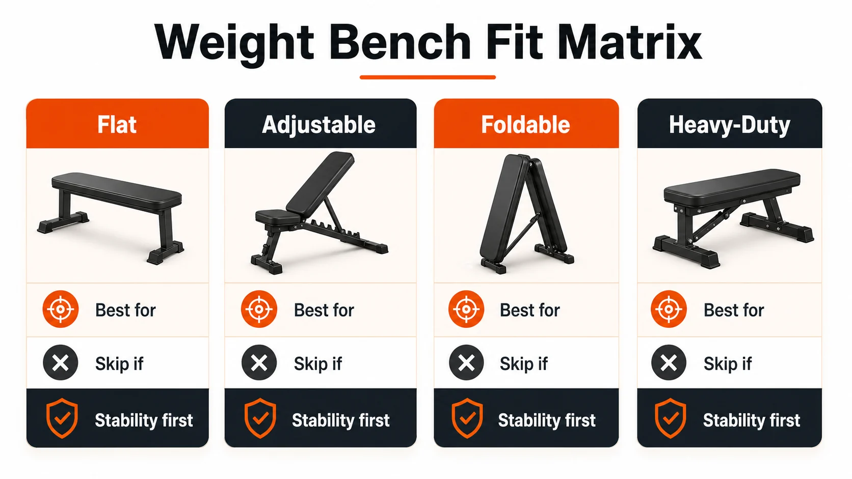 Best Weight Benches for Home Gyms | Flat, Adjustable, Foldable 3 Weight bench fit matrix comparing flat adjustable foldable and heavy-duty benches