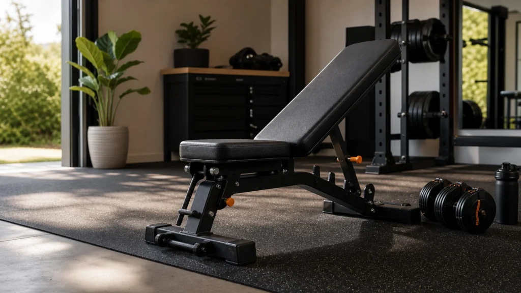 Best weight bench for home gym setup with adjustable bench and rubber flooring