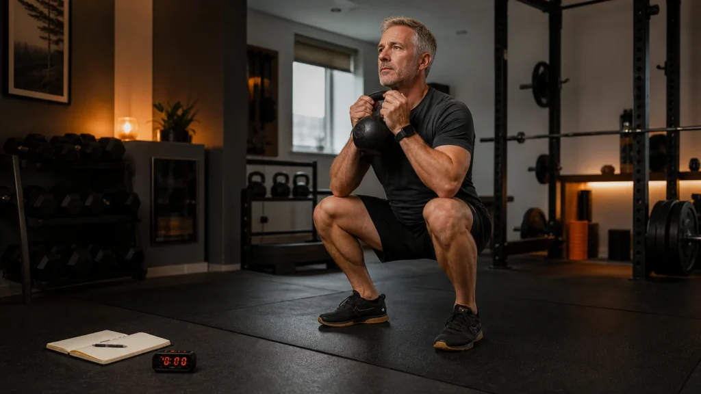 Man over 50 performing a controlled goblet squat during a practical home workout