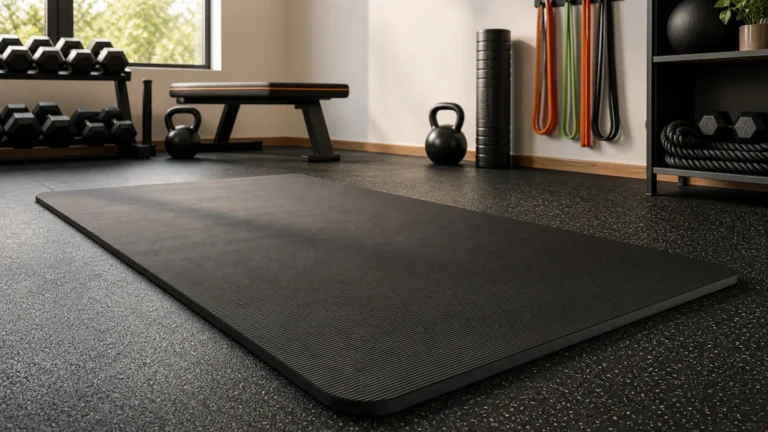 Premium high-density black exercise mat in a modern home gym