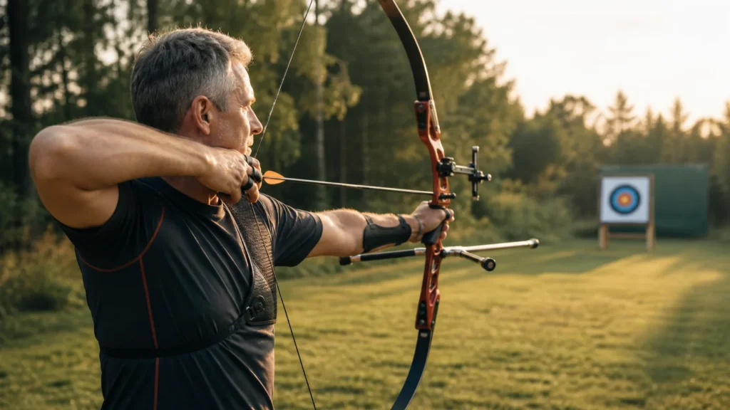 Male archer over 50 holding a technically stable recurve bow at full draw