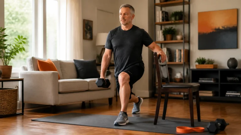 Beginner Home Workouts for Men Over 50 | A Safe 4-Week Start 1 Man over 50 performing a supported beginner dumbbell lunge during a home workout