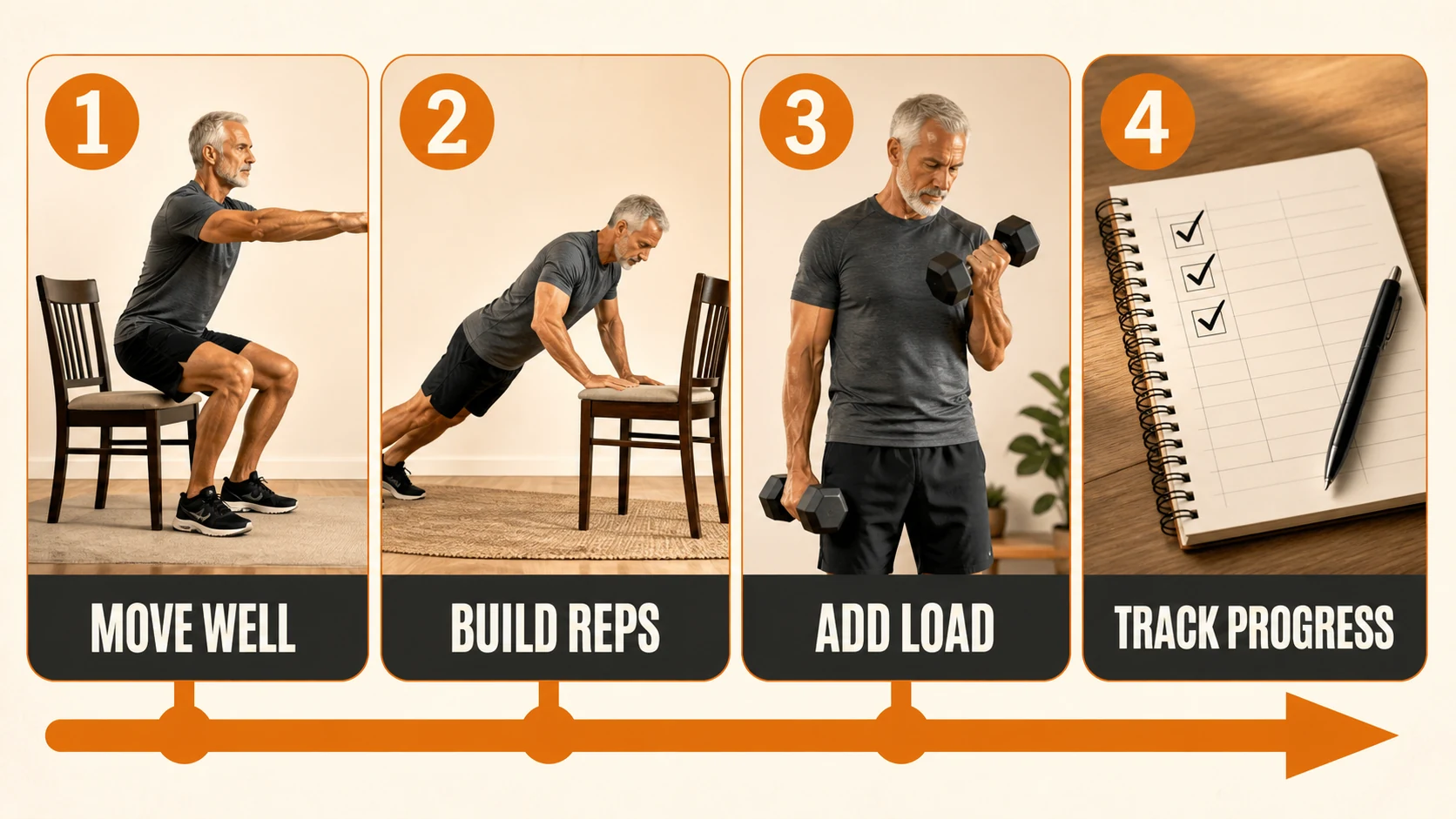 Beginner Home Workouts for Men Over 50 | A Safe 4-Week Start 3 Four-step beginner home workout progression for men over 50