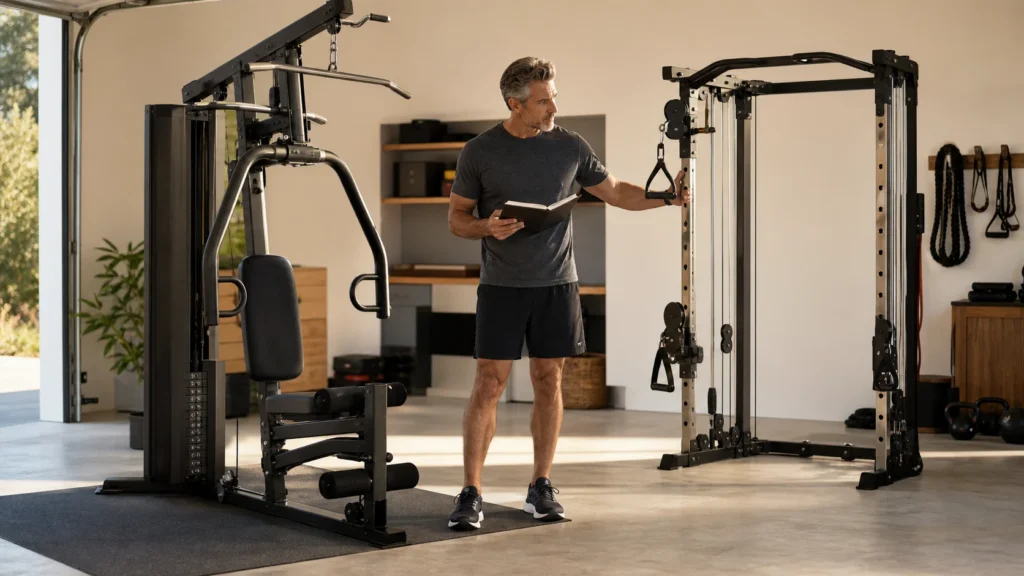 Man comparing an all-in-one home gym and functional trainer