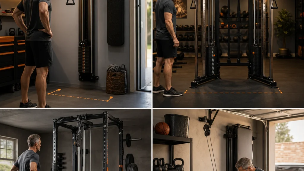 Man comparing a wall-mounted cable station and dual-stack functional trainer in a home gym