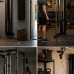 Man comparing a wall-mounted cable station and dual-stack functional trainer in a home gym