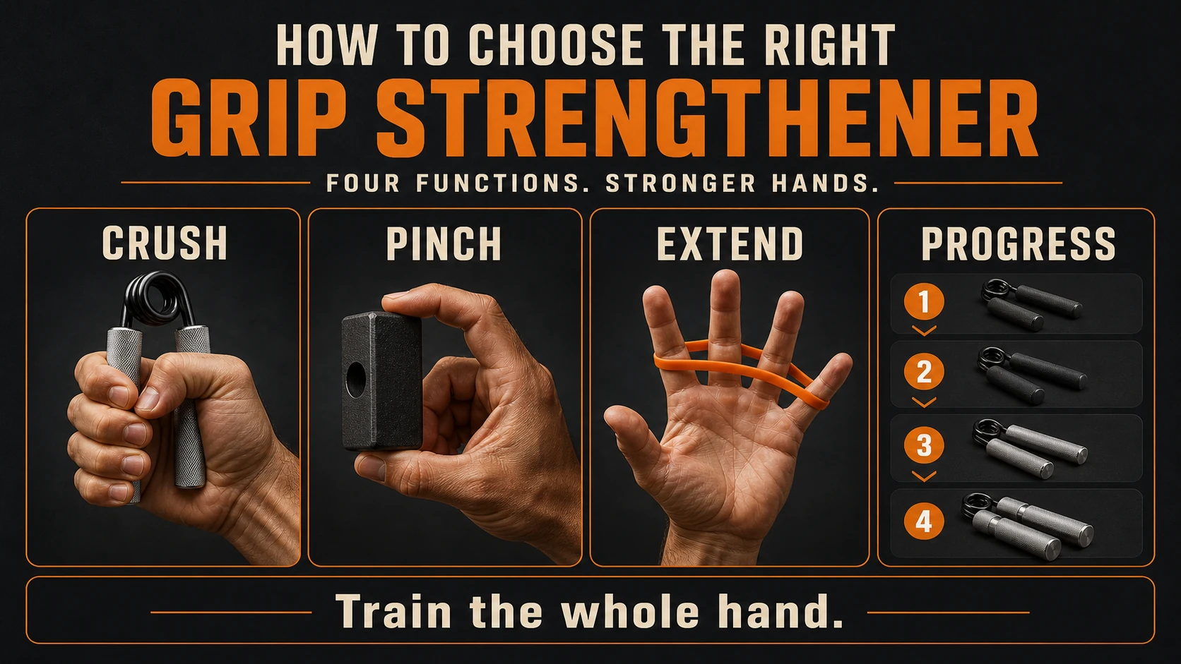 Grip strengthener infographic showing crush, pinch, extension and progression