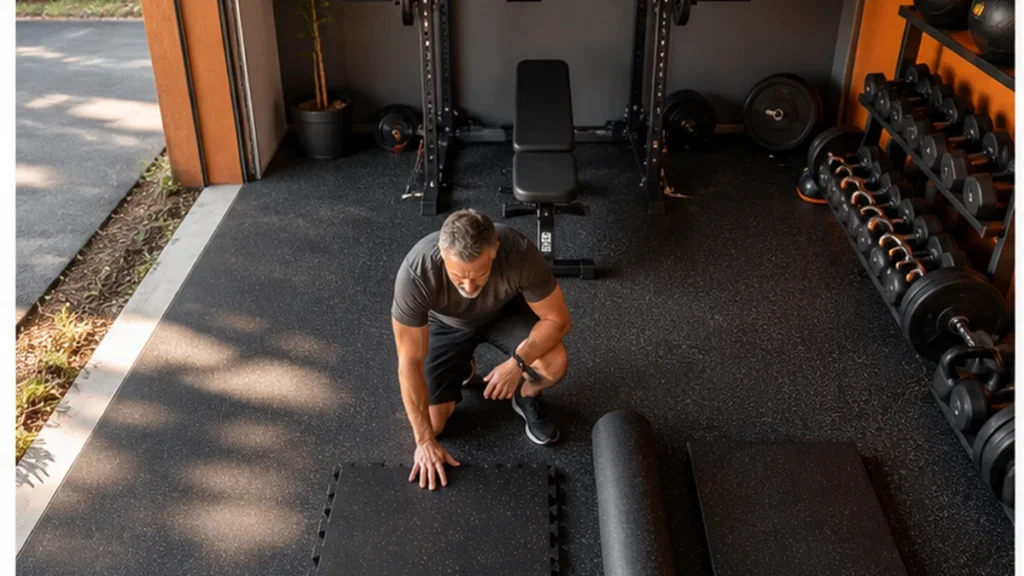 For most garage strength gyms, dense rubber in a planned training zone is the durable default; foam belongs under lighter work.