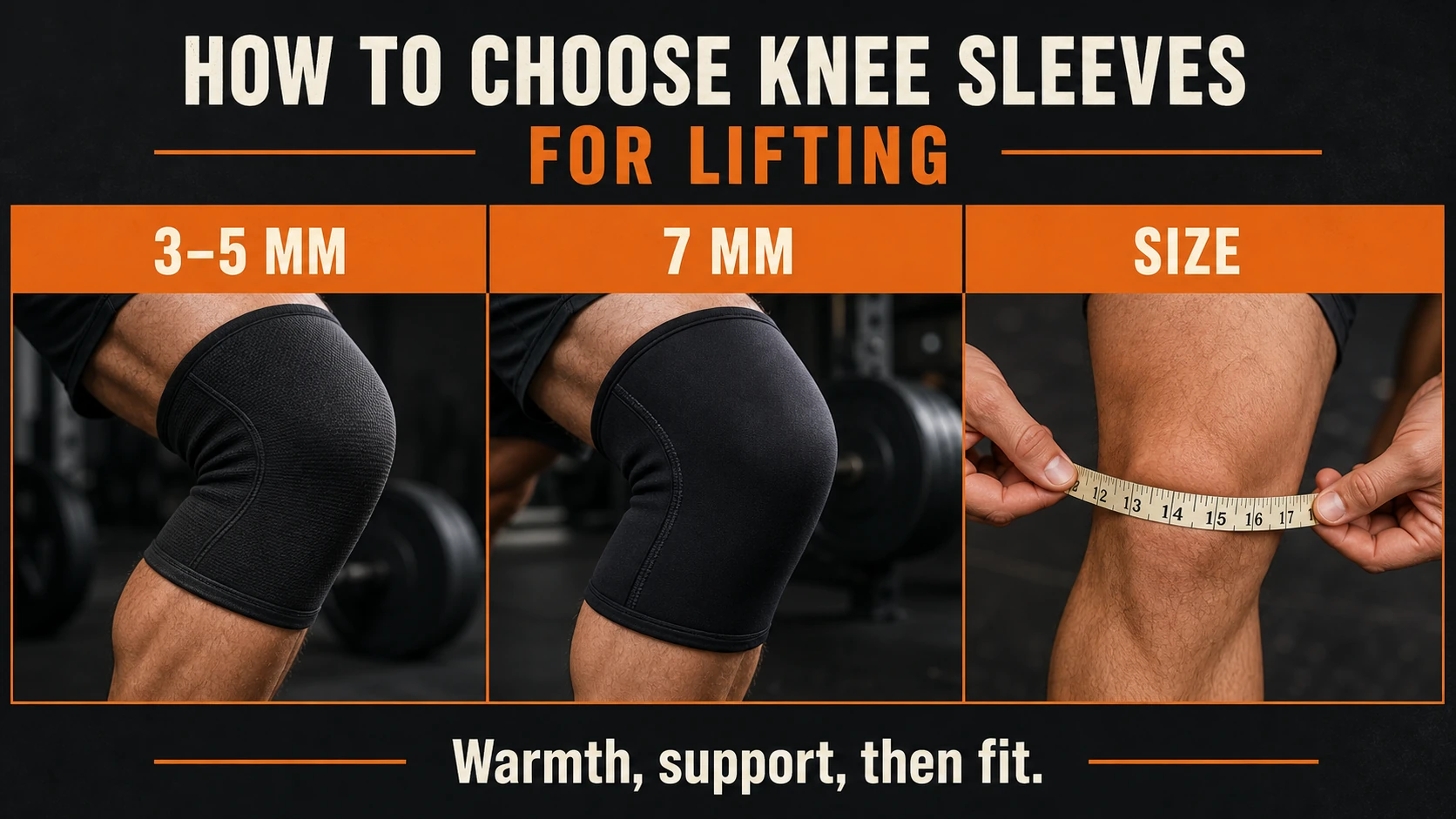 Best Knee Sleeves for Lifting | 5mm vs 7mm, Fit and Support 3 Knee sleeve infographic comparing 3 to 5mm, 7mm and sizing