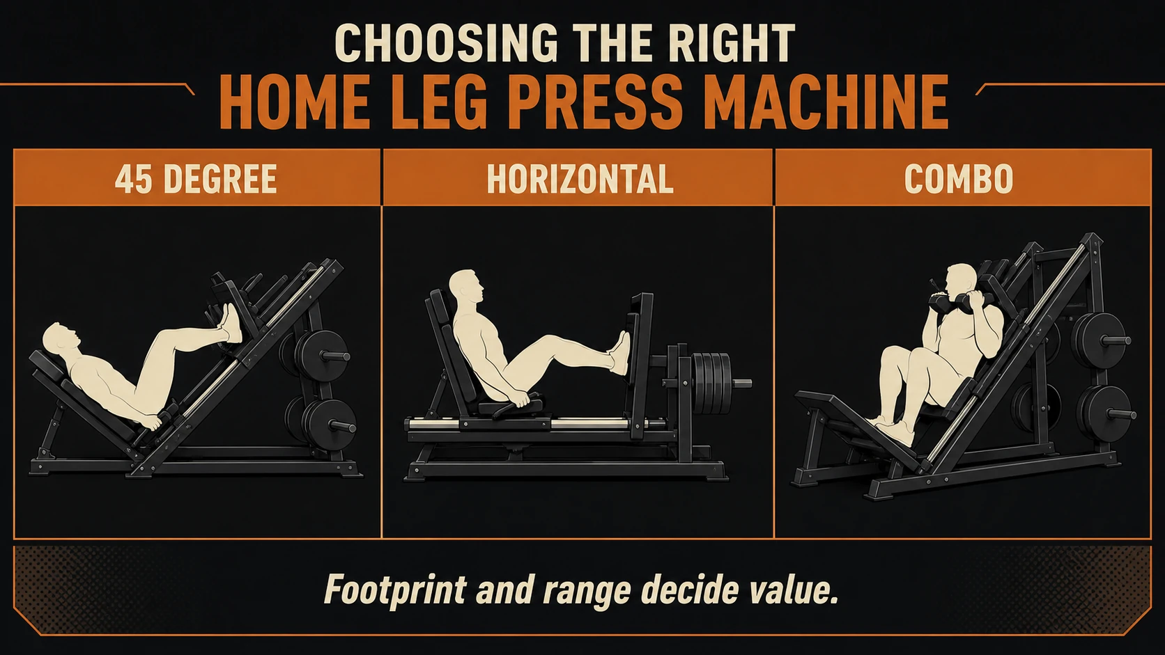 Home leg press infographic comparing 45-degree, horizontal and combo machines