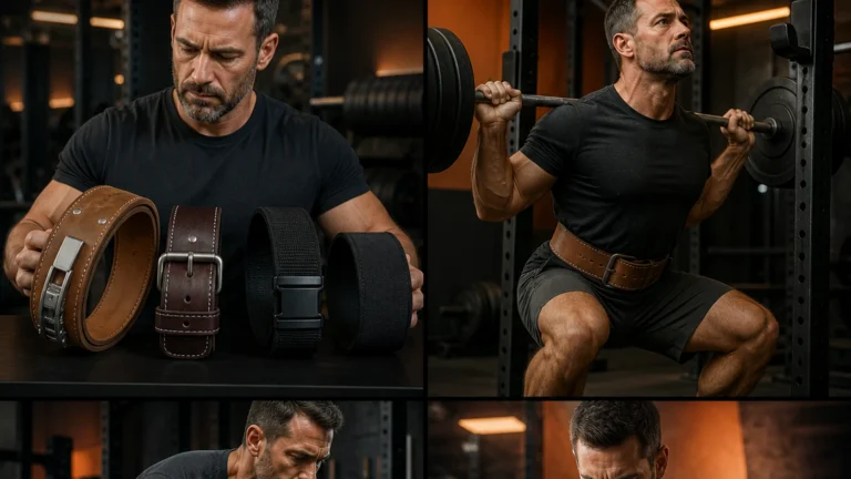 Best Lifting Belt for Men | Lever, Prong and Nylon Picks Compared 8 Male lifter comparing lever, prong and nylon lifting belts in a strength gym