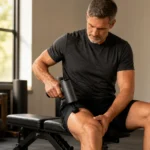 Man over 50 using a massage gun on his thigh after a workout