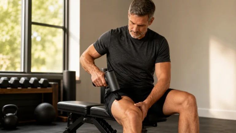 Best Massage Guns for Workout Recovery | Choose the Right Power 1 Man over 50 using a massage gun on his thigh after a workout
