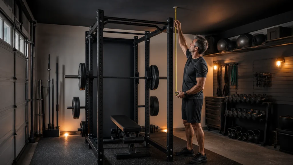 Man measuring ceiling clearance beside a power rack in a home garage gym