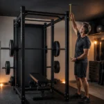 Man measuring ceiling clearance beside a power rack in a home garage gym