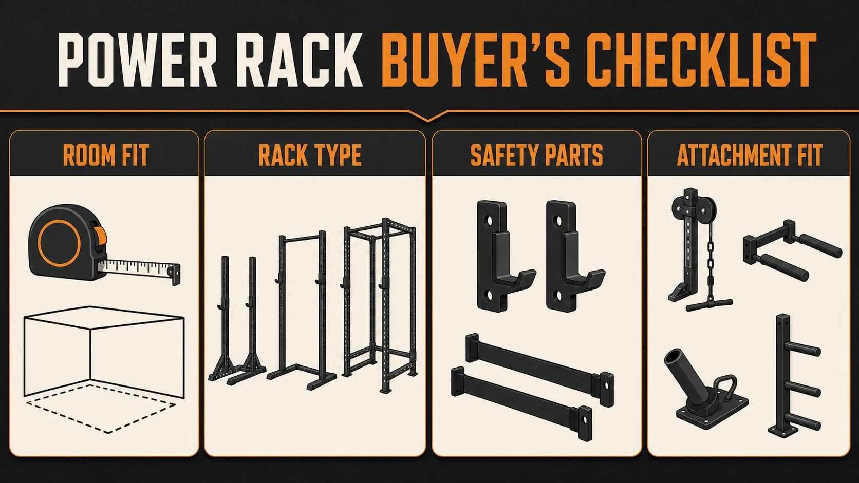 Best Power Racks for Home Gyms | Safe Picks by Space and Budget 3 Power rack buyer checklist covering room fit, rack type, safety parts and attachment fit