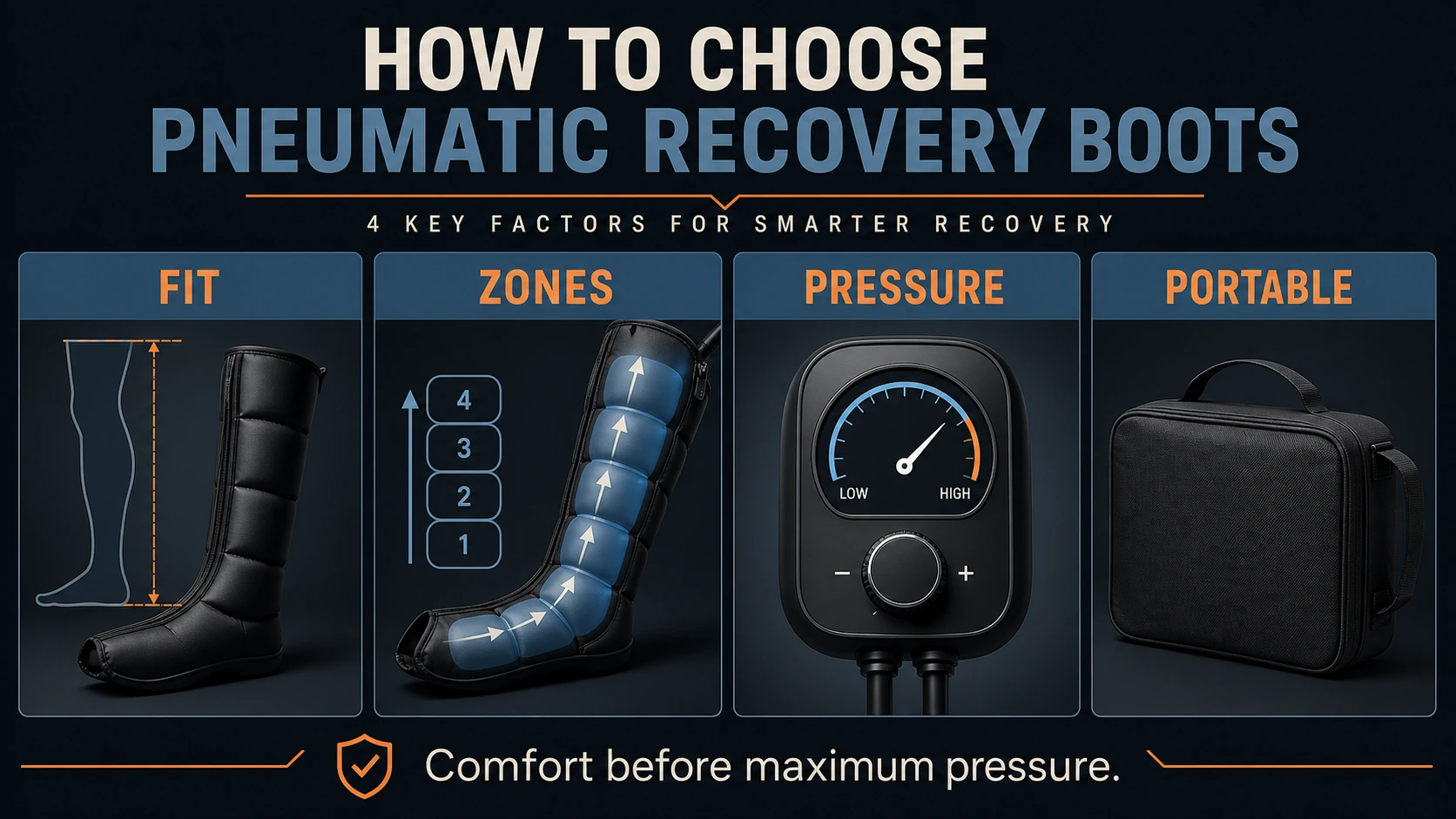 Best Recovery Boots for Athletes | Compression, Fit and Value 3 Recovery boots infographic showing fit, zones, pressure and portability