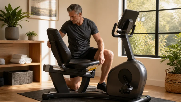 Man over 50 adjusting a recumbent exercise bike seat