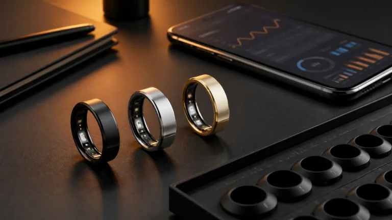 Three unbranded smart rings beside a phone and sizing set