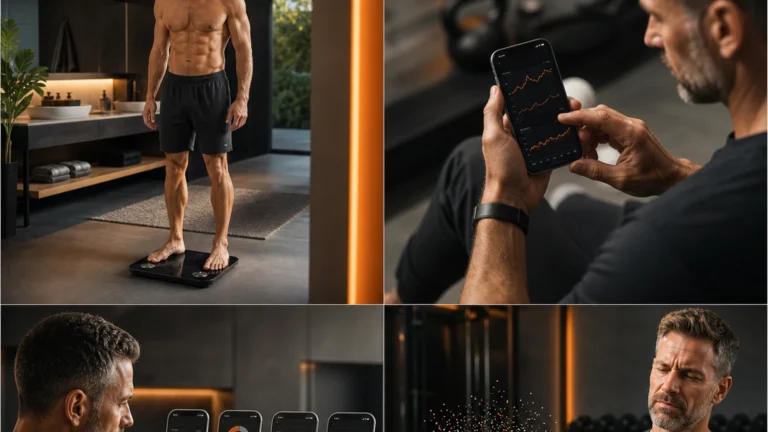 Best Smart Scale for Men | Accurate Trends Without Body-Fat Hype 7 Man reviewing weight trends on a phone beside a smart bathroom scale
