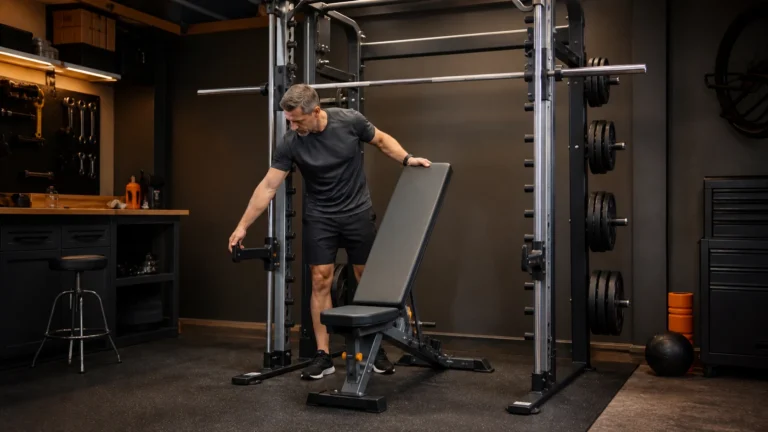 Best Smith Machines for Home Gyms | Fit, Safety and Value 1 Man checking a Smith machine bench position and safety stops