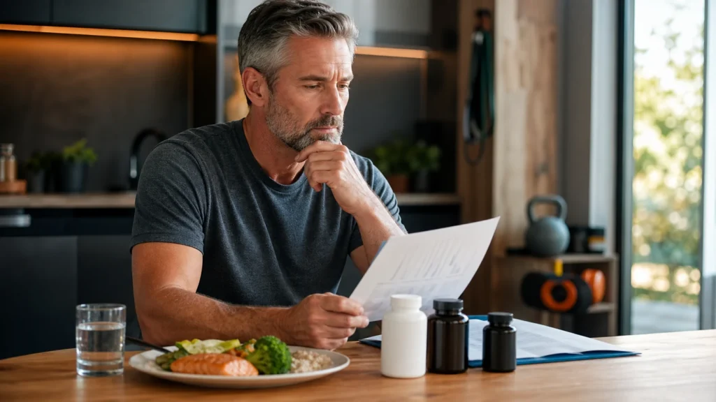 Man over 50 reviewing lab results, food and a minimal supplement routine