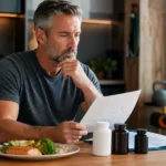 Man over 50 reviewing lab results, food and a minimal supplement routine
