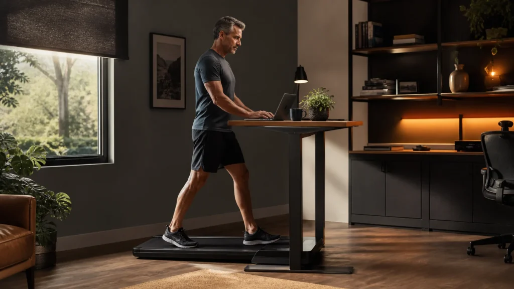 Man over 50 walking on a compact walking pad at a standing desk