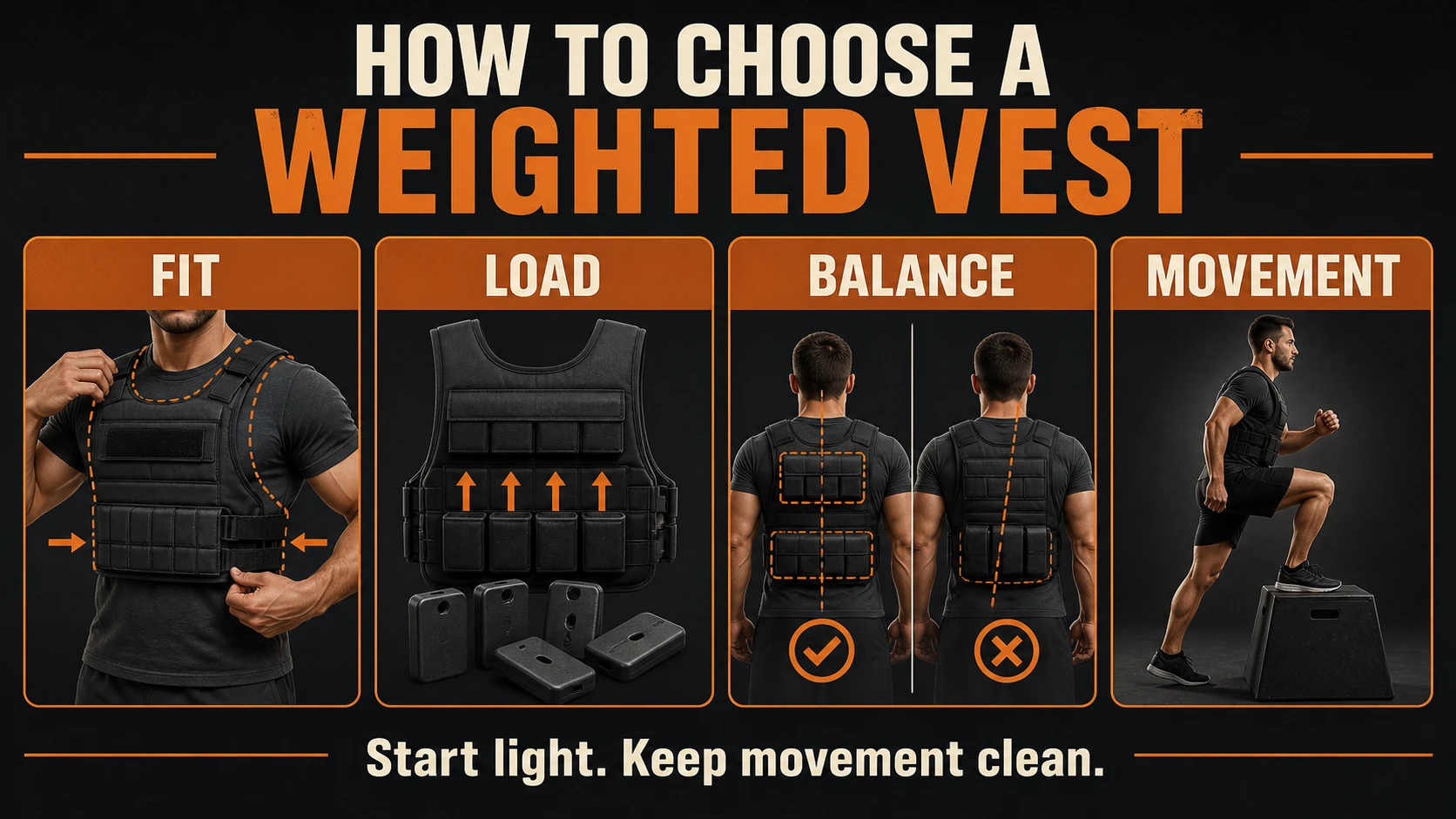 Best Weighted Vests for Men | Adjustable Picks by Training Goal 3 Weighted vest buying guide infographic showing fit, load, balance and movement