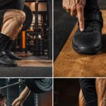 Male lifter comparing raised-heel weightlifting shoes with flat training shoes beside a squat rack