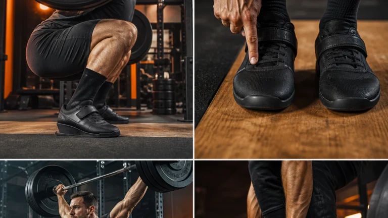 Best Weightlifting Shoes for Men | Wide Feet, Squats and Olympic Lifting 9 Male lifter comparing raised-heel weightlifting shoes with flat training shoes beside a squat rack